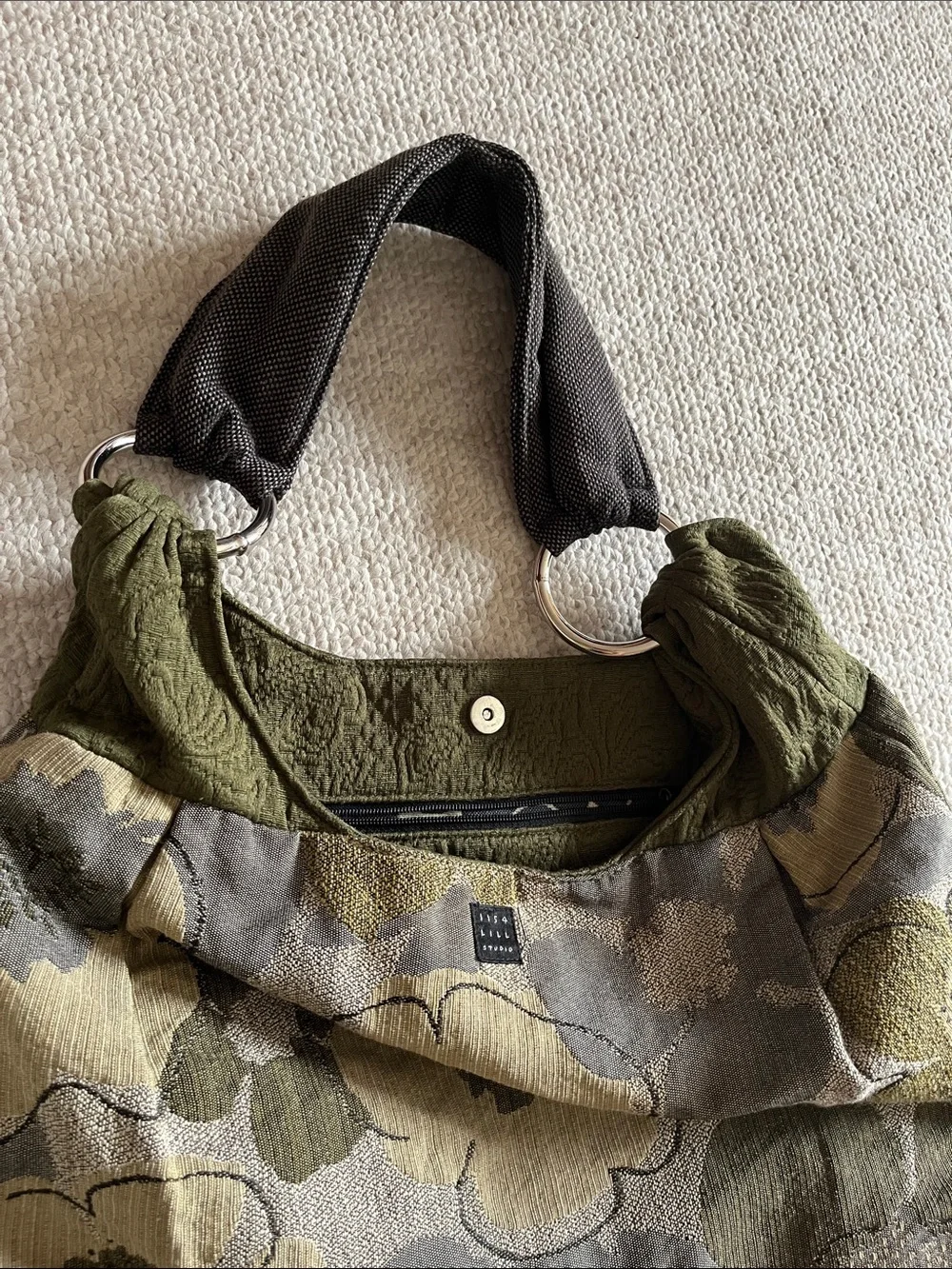 1154 Lill Studio Olive Green and Gray Floral Patchwork Shoulder Bag